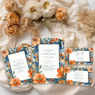 Modern Blue & White Floral Mediterranean Tiles All In One Invitation