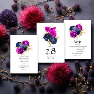 Magenta Navy and Gold Floral Wedding QR Code Rsvp Invitation