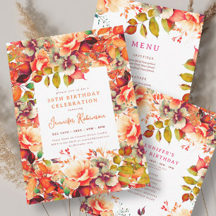 Fall Autumn Watercolor Floral 30th Birthday Party  Invitation