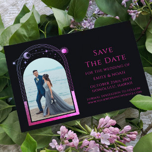 Mystical Black Purple Sun Moon Astronomy Wedding All In One Invitation
