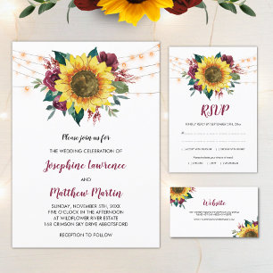 Sunflower Burgundy Rose String Lights Fall Wedding Invitation