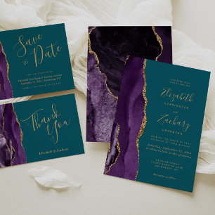 Modern Purple Gold Agate Teal Wedding Details Enclosure Card