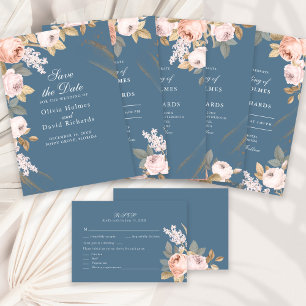 Boho Elemental Blue Peonies Wedding Invitation