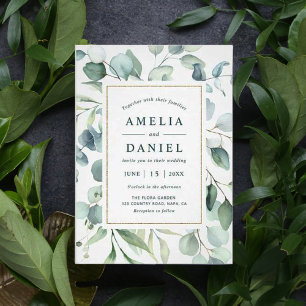 Ethereal Eucalyptus Gold Script Greenery Wedding Invitation