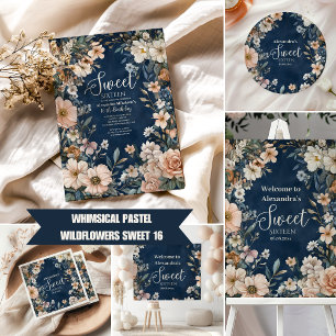 Navy Blue Pastel Wildflowers Sweet 16 Invitation