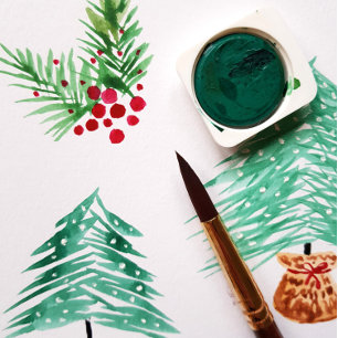 Red Berries and Greenery Watercolor Gold Foil Holiday Card