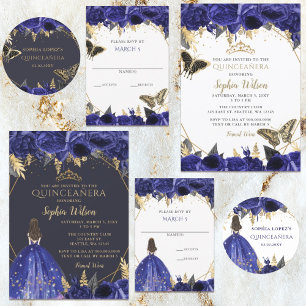 Royal Blue Gold Floral Butterfly Quinceañera   Invitation