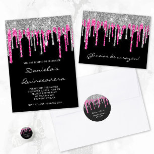 Silver Hot Pink Glitter Drips Black Quinceañera Invitation