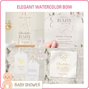 Dusty Blue Watercolor Bow Baby Shower Invitation