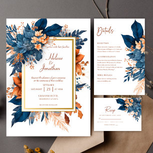 Indigo Modern Rustic All In One Elegant Wedding Invitation