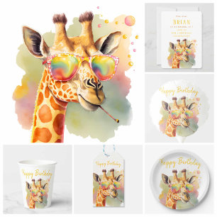 Summer Vibes Watercolor Giraffe - Happy Birthday Paper Plate