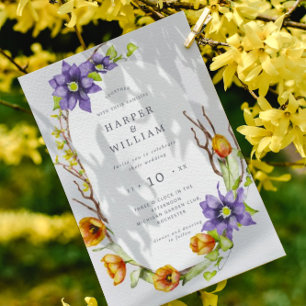 Watercolor spring flowers tulips wedding invitation