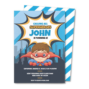 Superhero, Brown Hair, Party Invitation 5x7