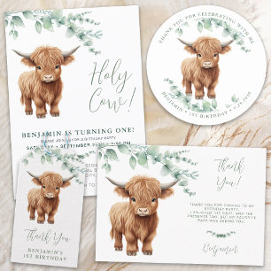 Holy Cow Boho Greenery Highland Cow 1st Birthday Invitation