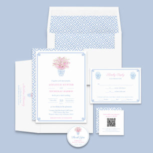 Chinoiserie Chic Pink And Blue Watercolor Wedding Invitation