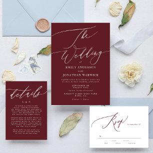 Elegant Dark Red Plum Burgundy White The Wedding Invitation