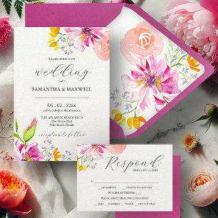 Fuchsia Pink Wedding Invitation with QR Code