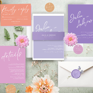 Minimalist script lavender QR Code Photo Wedding  Invitation