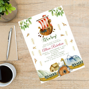 It's A Boy Watercolor Vikings Party Baby Shower Invitation