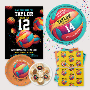 Cool Colourful Sport Basketball Black Bday Party Invitation