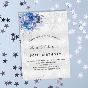 Birthday silver navy blue floral invitation