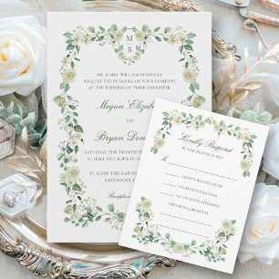 Megan White Roses Greenery Christian Wedding Invitation