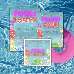 Neon Glow Pool Party Any Age Birthday  Invitation