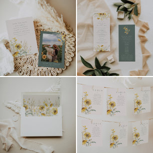 Rustic Floral Fall Wedding, Sunflower  All In One Invitation