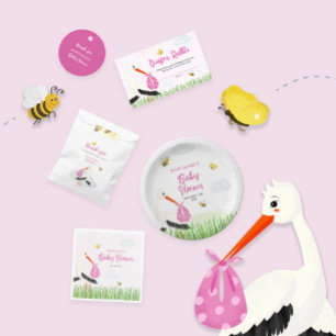 Rustic Stork with Bee & Butterfly Girl Baby Shower Invitation