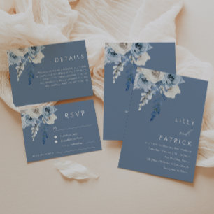 Dusty Blue & White Floral Watercolor Wedding Invitation