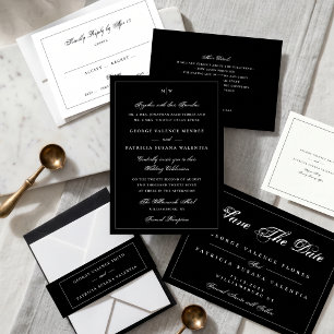 Classic Black Calligraphy Monogram Frame Wedding RSVP Card