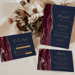 Modern Burgundy Gold Agate Navy Blue Wedding Invitation
