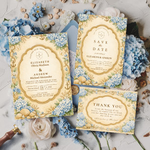 Vintage Nautical Hydrangea Wedding Invitation