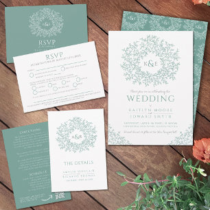Green grey hand drawn leaf monogram art wedding invitation