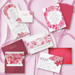 Arch with pink red flowers and leaves wedding invitation