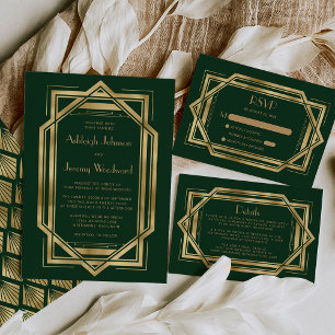 Vintage 1920s Deco Green Gold Wedding Details Enclosure Card