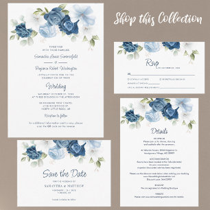 Floral Dusty Blue Botanical Script Wedding Invitation