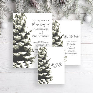 Natural Pine Cone on White Woodland Wedding RSVP