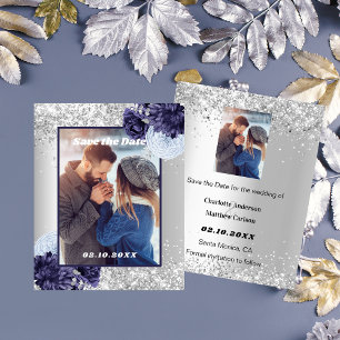 Silver navy blue floral wedding invitation