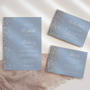 Modern Dusty Blue Silver Glitter Edge Wedding Invitation