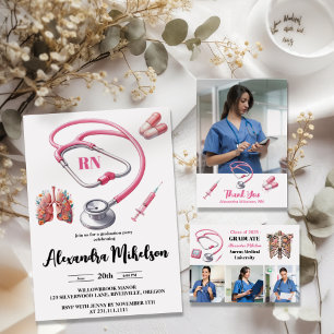 Watercolor Pink Nursing School Graduate  Invitation