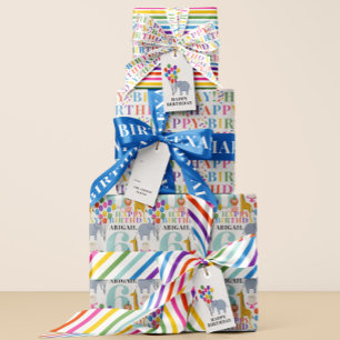 Colourful Safari Animals Happy Birthday Name Year Wrapping Paper