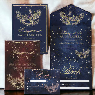 Masquerade mask chic gold glitter quinceanera all in one invitation