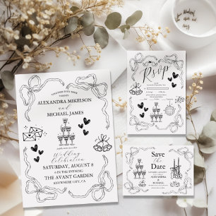 Black and White Whimsical Retro Doodle Art Wedding Save The Date
