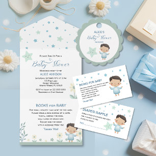 Oh Boy Pastel Green& Blue Stars& Flowers Cute Invitation