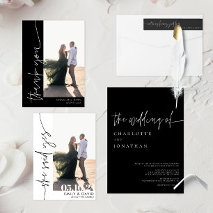 Chic Modern Simple Photo Black and White Wedding Thank You Card