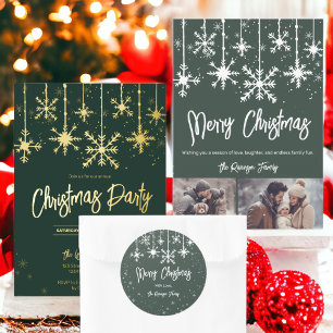 White snowflakes elegant green merry christmas classic round sticker