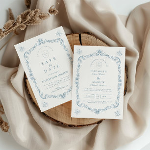 Dusty Blue Baroque Line Art Wedding Invitation