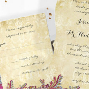 Honeysuckle Raspberry Peacock Paisley Wedding Invitation