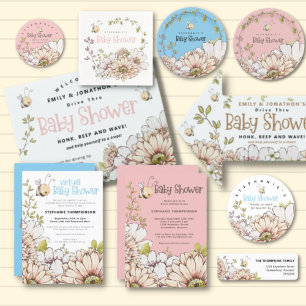 Bumblebee Florals Blue Virtual Baby Shower Invitation